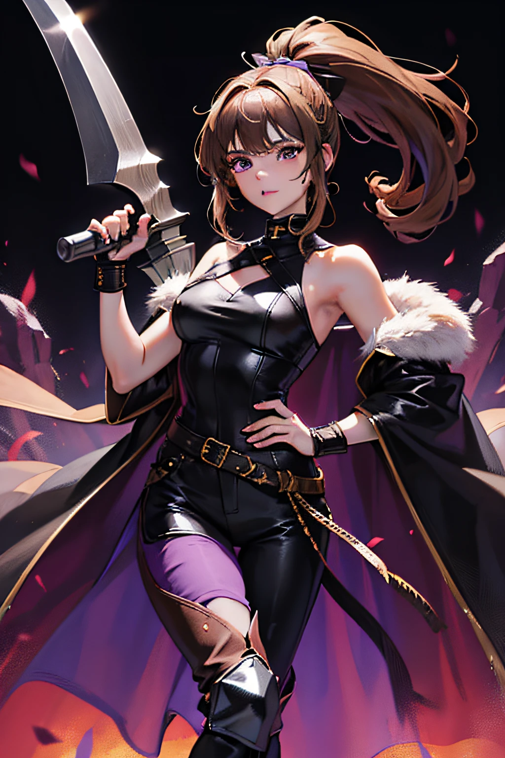 Girl, age 16, dark blonde hair with ponytail, shoulder cape with fur on top, leather pants, boots bellow knee, dark shirt, clear purple eyes, standing and holding an axe.