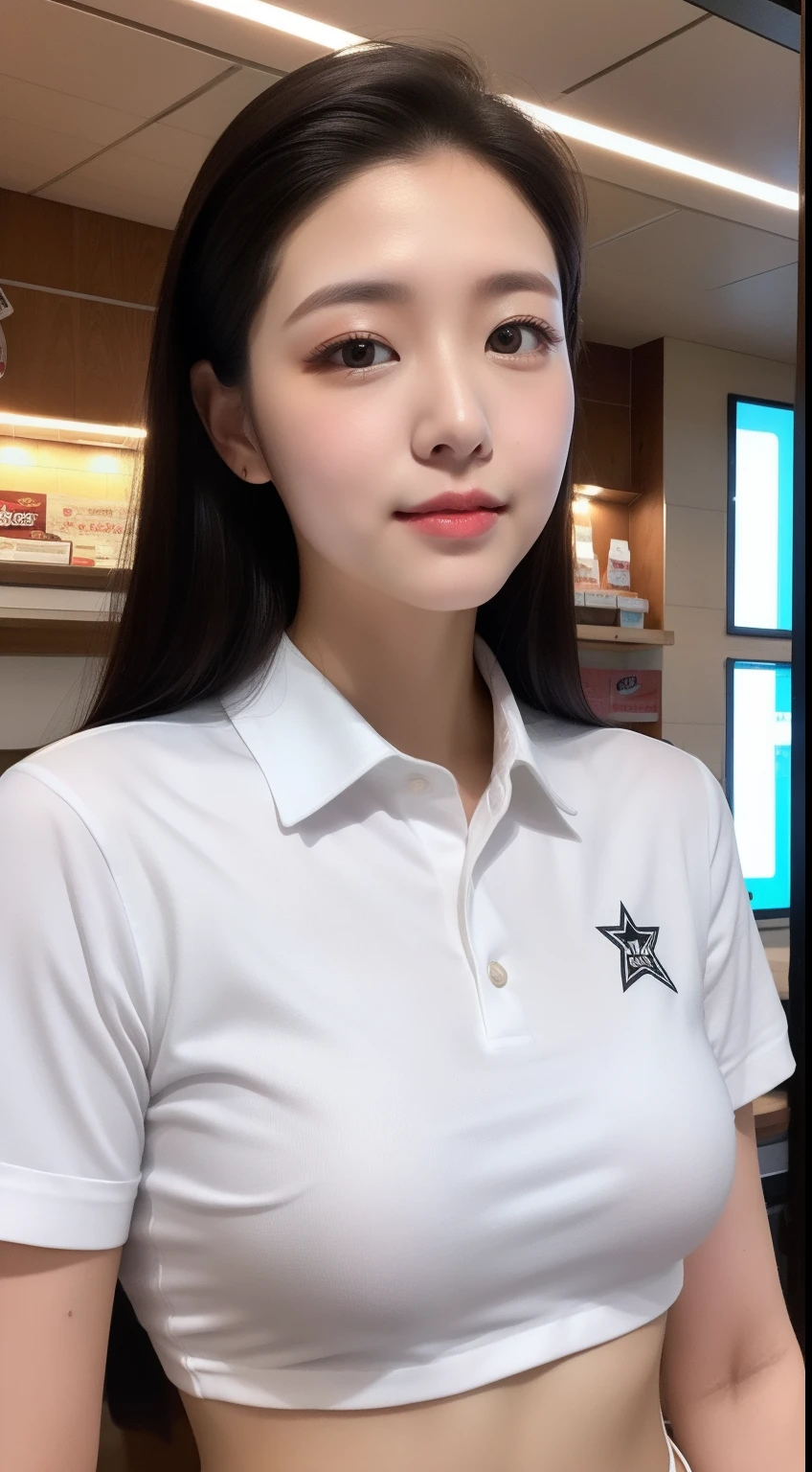 realistic photos of 1 cute Korean star, long hair slicked back, white skin, thin makeup, 32 inch breasts size, wearing as burger store employee uniform, in burger store, upper body portrait, Luminism, UHD