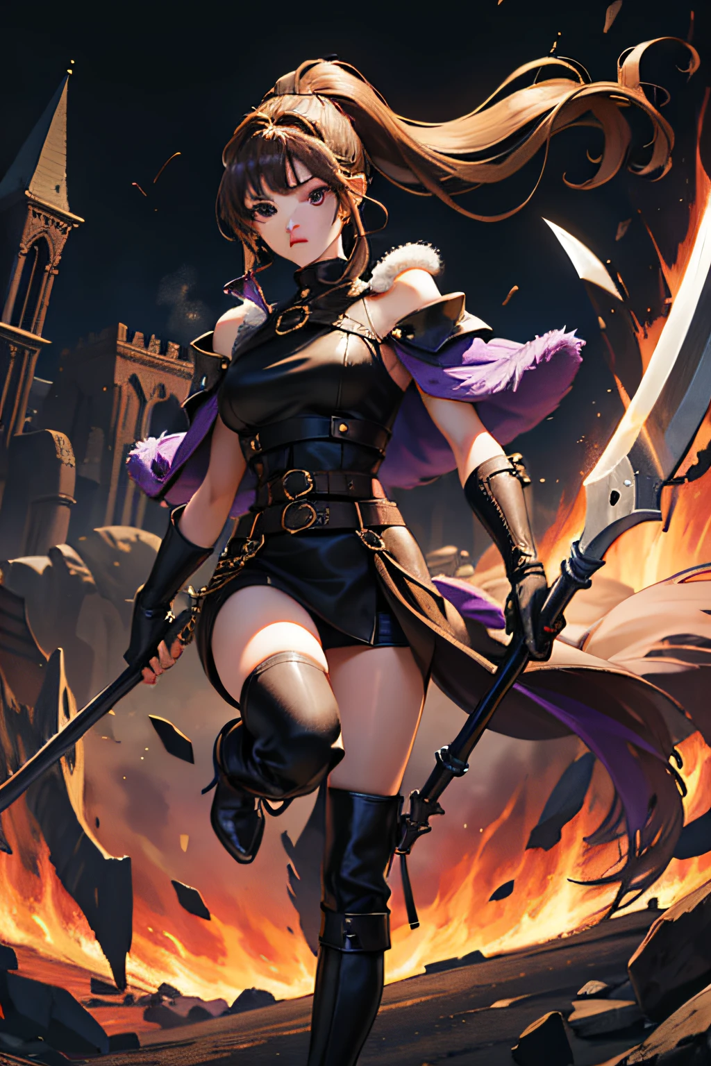 Girl, age 16, dark blonde hair with ponytail, shoulder cape with fur on top, leather pants, boots bellow knee, dark shirt, clear purple eyes, standing and holding an axe.