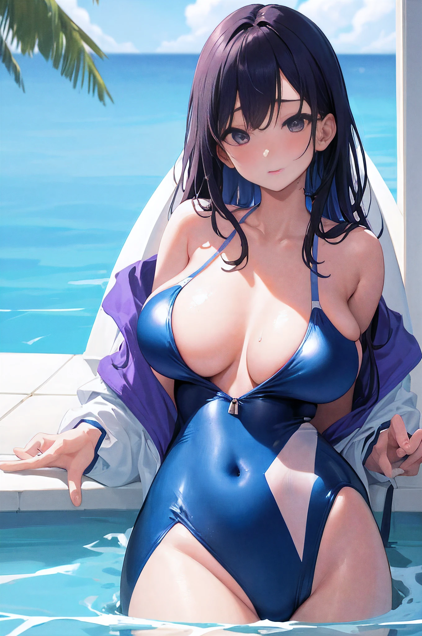 Woman in swimsuit alone in summer pool、Her swimsuit is so sexy、Her skin is not very hidden、Pull up your hair、Looking here、Emphasis on the chest、large full breasts、high-level image quality、８K,masutepiece, Best Quality, Detailed, 8K, 4K, hight resolution, Detailed beautiful eyes,Upper body,