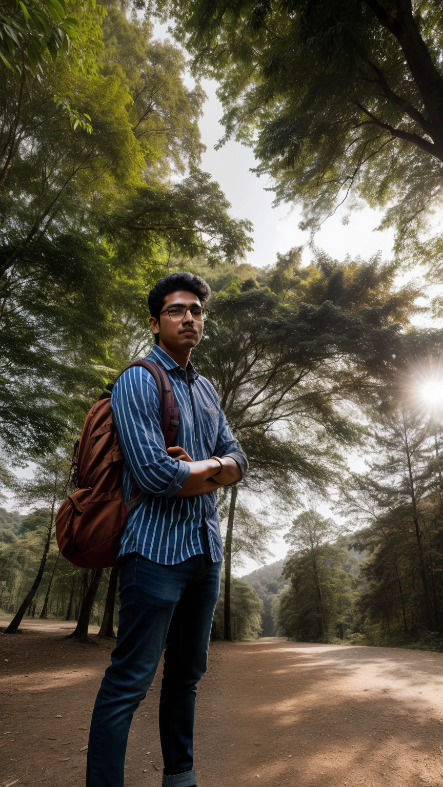 arafed man with a backpack and glasses standing in a park, jayison devadas, jayison devadas style, portrait shot 8 k, mid shot portrait, in front of a forest background, assamese aesthetic, wearing stripe shirt, shot with sony alpha, around 1 9 years old, with sunglass, shot on sony a 7
