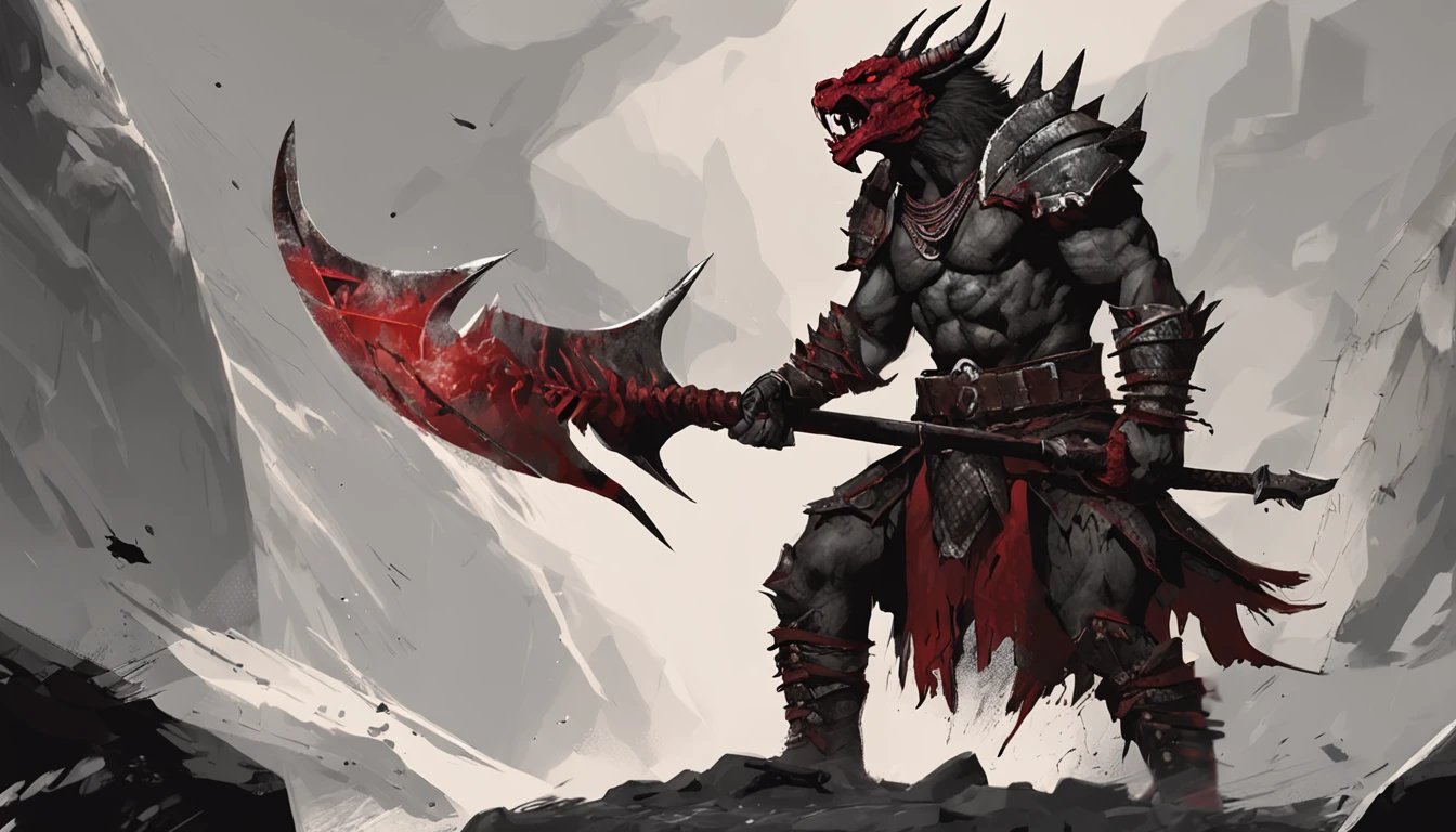 "powerful and fierce black -scale dragonborn barbarian with red markings, wielding a massive greataxe"