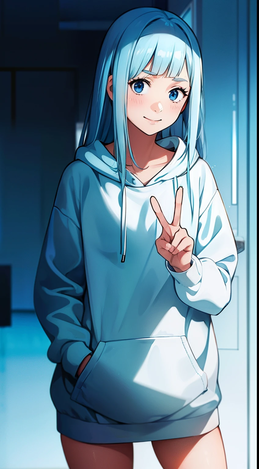 Anime girl with blue hair and blue hoodie posing for a picture - SeaArt AI