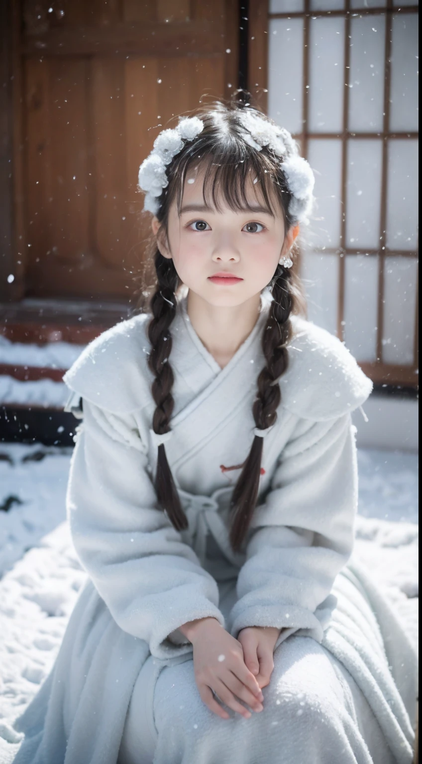 (8K, Best quality, Master, 超高分辨率:1.2) Beautiful photo of a 10 year old girl in Japan，ssmile， (melancholy winter snow:1.4)，(Lolita costume dress dress)，Big wind，(looking toward the viewer)，Squat and sit，Long hair，