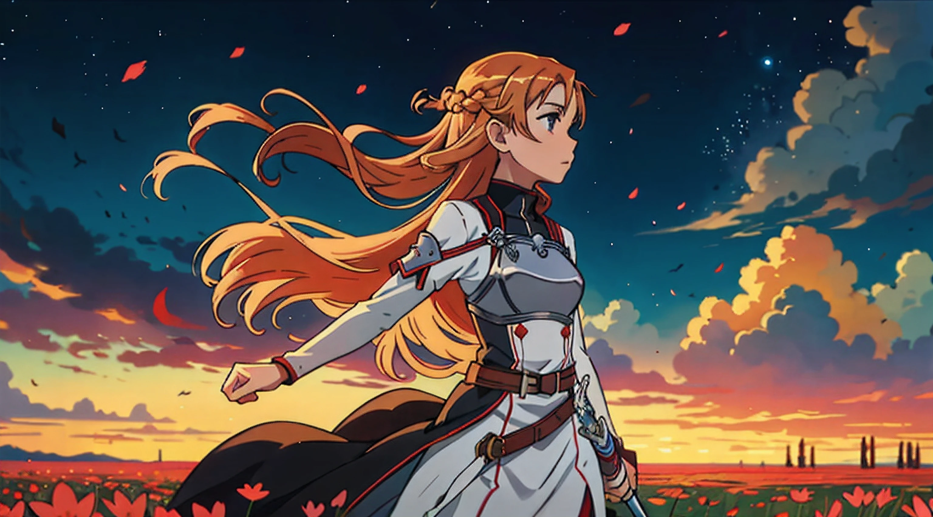 Asuna from Sword Art Online
She is standing in a field of flowers, her hair flowing in the wind.
She is wearing her battle armor, and her sword is drawn.
She is looking determined and focused, ready to face whatever challenges come her way.
The background is dark and stormy, but Asuna is illuminated by a bright light, symbolizing her inner strength and courage.
The image is full of detail, and the colors are vibrant.
The overall mood of the image is one of anticipation and excitement.
