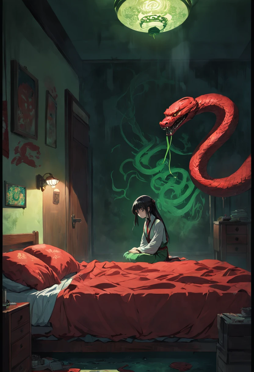 A red snake，On the bed in the room，Squint your green eyes，Spit snake letters，Eerie light，Dark night，high high quality，fog atmosphere，(Chinese folk suspense supernatural comic style),High detail, Sharp focus, Dramatic，The art of painting by Midjourney and Greg Rutkowski, Bokeh on the background