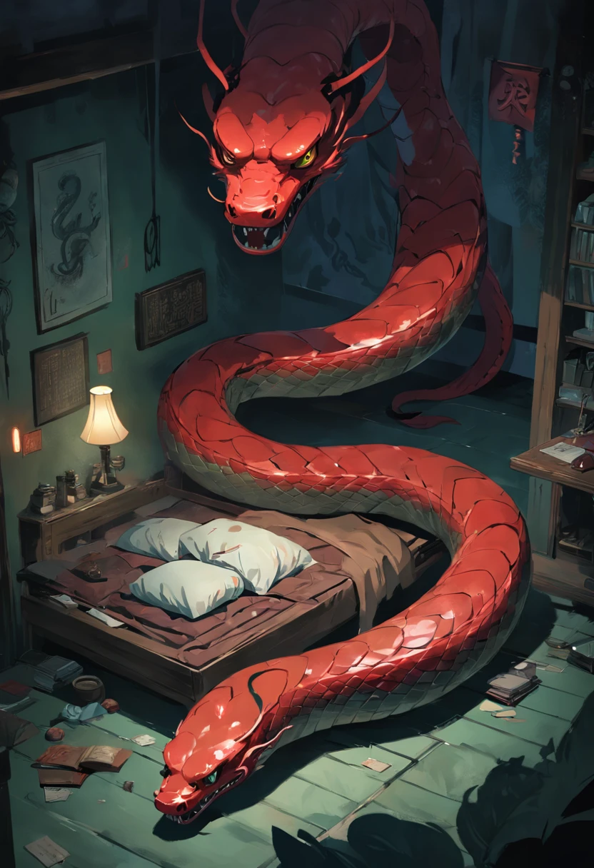 A red snake，On the bed in the room，Squint your green eyes，Spit snake letters，Eerie light，Dark night，high high quality，fog atmosphere，(Chinese folk suspense supernatural comic style),High detail, Sharp focus, Dramatic，The art of painting by Midjourney and Greg Rutkowski, Bokeh on the background