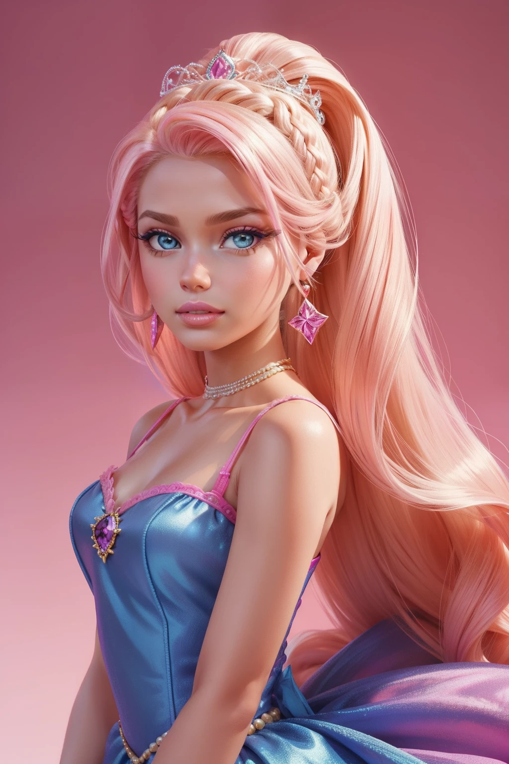 （Barbie pink background）），barbiecore，A princess，cabellos largos dorados，Kizi，delicated face