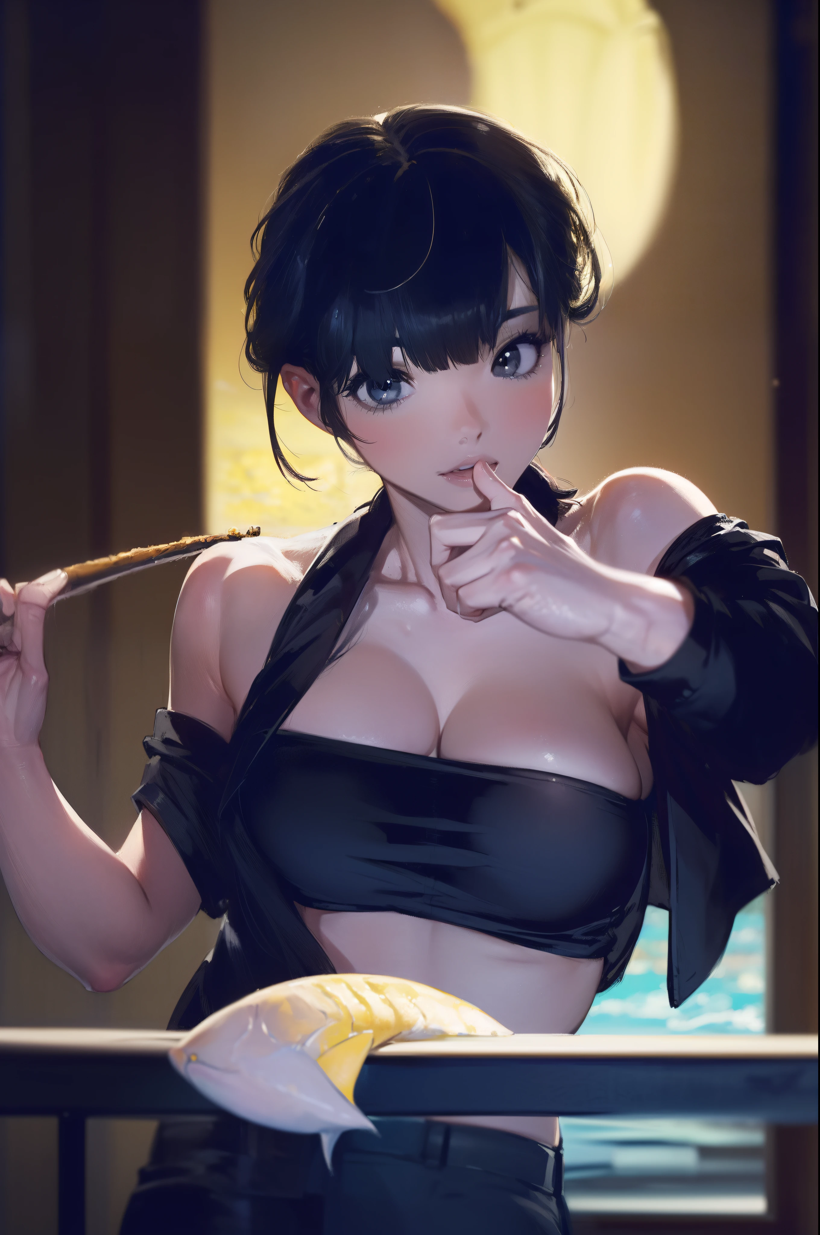 ((((catching a big fish by the lakeside:1.5)))),((Female 28 years old)),((Best Quality:1.5)),(((Hands with the correct number and structure of fingers:1.4))),((Big fish:1.37)),hight resolution,ultra-detailliert,masterpiece,best qualtiy,(Eight-headed body),Black hair, long eyes-lashes, Solid Circle Eyes, drop shadow, Atmospheric perspective,Super Detail, ccurate, small brest,(Black jacket and black jeans :1.1),top-quality, blurry backround, bokeh dof:1.2, (masterpiece:1.3), Atmospheric perspective,Super Detail,dynamic compositions,
