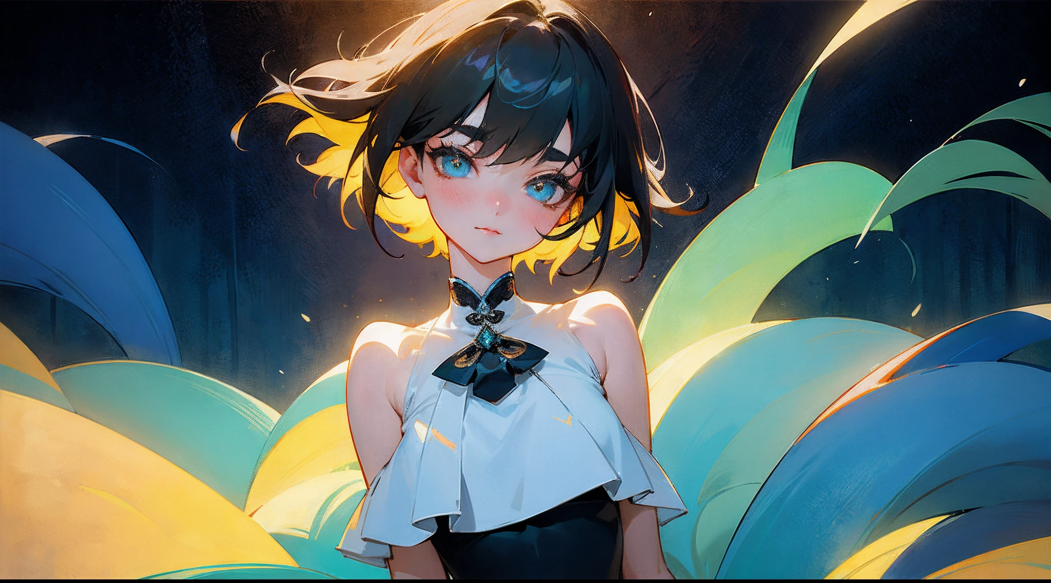 Original Characters、full body Esbian、standingn、Volume Lighting、Best Shadows、Shallow depth of field、Portrait of an amazingly beautiful girl、Delicate beautiful attractive face with petite and seductive eyes、in woods、Woman Standing On The Surface、Sharp Eyebrows、Black Hair Shortcut Hair、Blush Eyeshadow、Shining eyes、Dark eyelashes、Slim waist、(top-quality、Superb Detail:1.25)、(独奏:1.3)、Brilliant Colorful Paintings