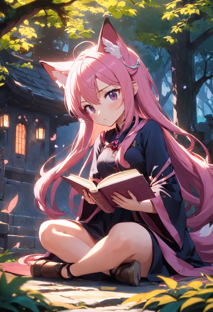 A pink-haired,Fox Mature Witch, ultra - detailed, 8K, Unreal Engine 5,The eyes show enchantment and longing,Sitting in the courtyard with a book in hand