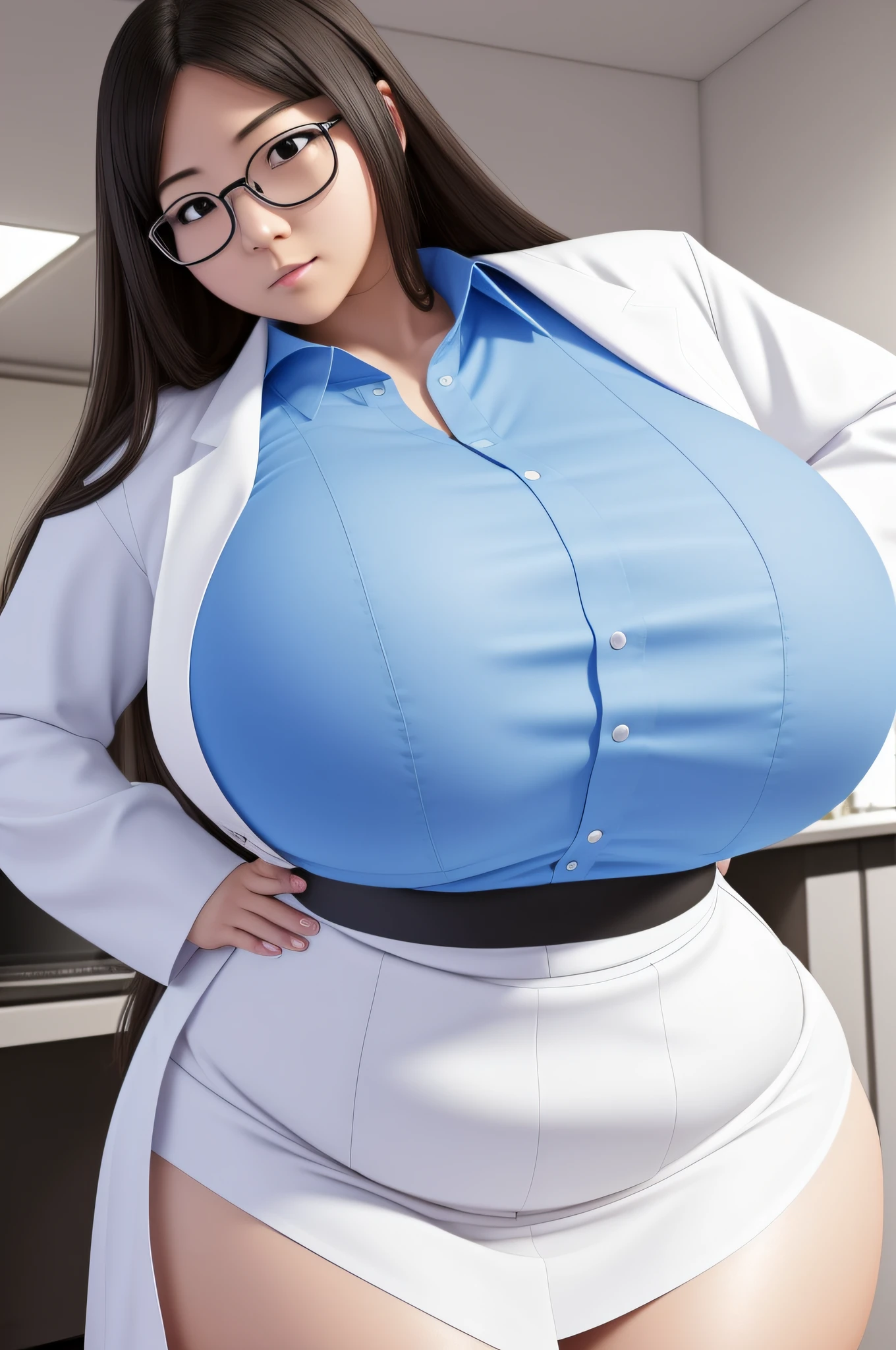 A cute nerdy female Japanese scientist drinks a potion that cause her to grow into giantess. She barely fits in her lab. her very huge breast are on the verge of shredding her white lab coat and blue blouse. Black high-waist skirt, huge tits, wide hips, massive ass, thicc, very curvy, huge, broad shoulders
