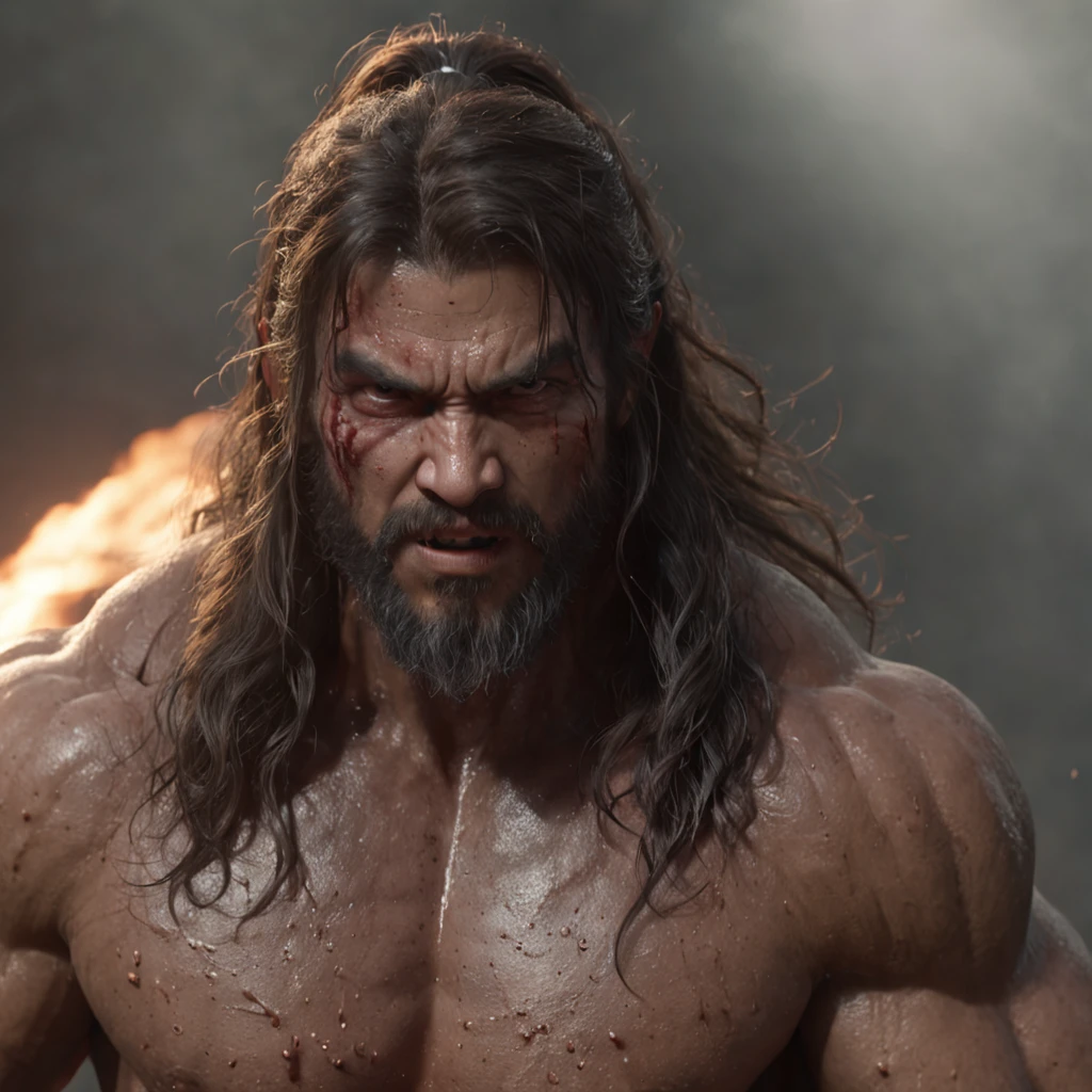 Features soft and shiny male heroes, ((Epic hero fantasy muscle man rough wet hero angry looking long hair short beard and ferocious expression in dynamic pose, Fantastic location, Majestic cluttered environment)), Full body 8K unified rendering, action shot, skin pore, very dark lighting, heavyshading, Detailed, Detailed face, (vibrant, photograph realistic, Realistic, Dramatic, Dark, Sharp focus, 8K), (Old leather garments damaged by weathering:1.4), ((((Wear fur)))), (Intricate:1.4), decadent, (Highly detailed:1.4), Digital painting, rendering by octane, art stations, concept-art, smooth, Sharp focus, illustration, Art germ, (loish:0.23), (Global illumination, Studio light, volumettic light), heavy rain, particles floating, lotr, fantasy, elf, full bodyesbian, ((Dark and ancient city background:1.3)),CGSesociety,art stations,asian male