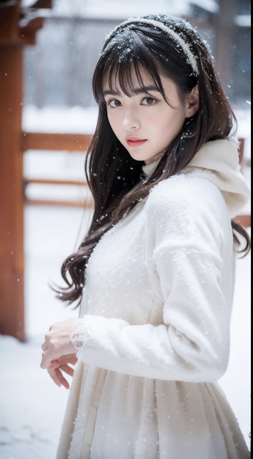 (8K, Best quality, Master, 超高分辨率:1.2) Photo of Pretty Japanese woman in the (Paul Rubens and Rebecca Gay:1.1) (melancholy winter snow:1.4),(Lolita costume dress dress),Big wind,