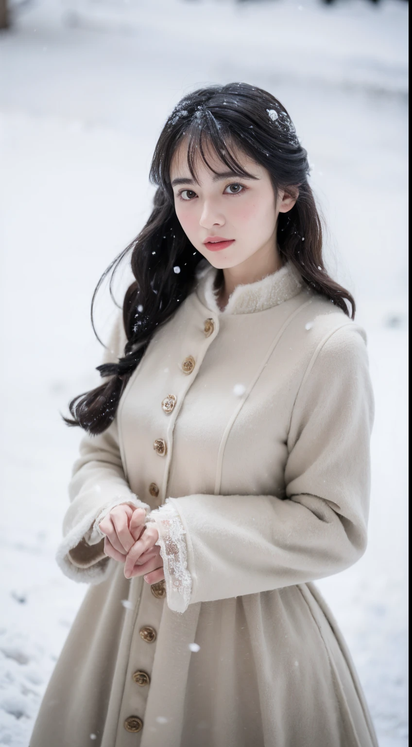 (8K, Best quality, Master, 超高分辨率:1.2) Photo of Pretty Japanese woman in the (Paul Rubens and Rebecca Gay:1.1) (melancholy winter snow:1.4),(Lolita costume dress dress),Big wind,