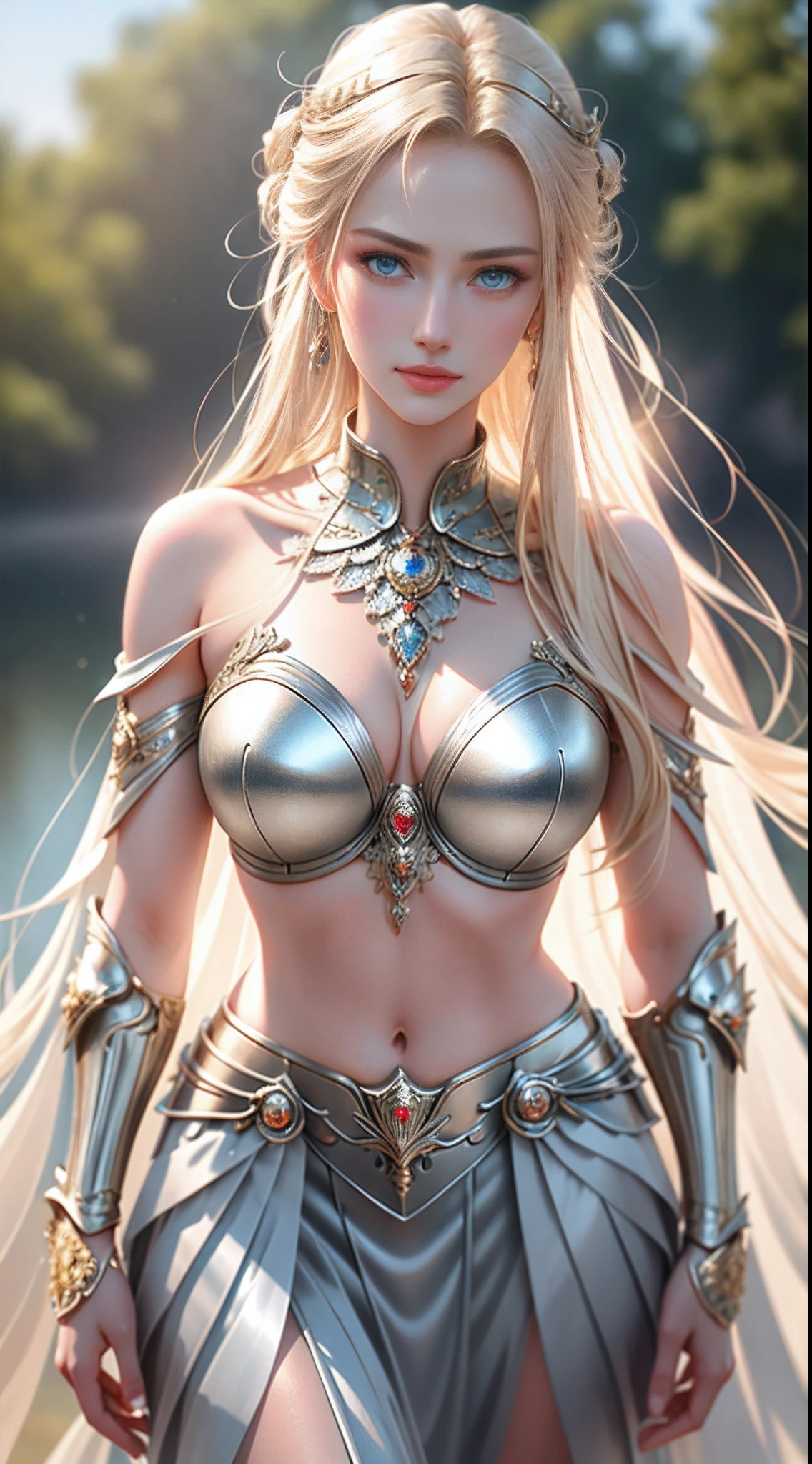 8K UHD,RAW photo,A woman in silver armor,Skirt armor,Handsome girl,long whitr hair,blonde with blue eyes,The face is delicate,Delicate skin,Full breasts,Crystal clear lips,Slender legs,(Real Human:1.3),(A high resolution:1.4),(A detailed:1.5),(photorealestic:1.7),RAW photo,Portrait Photogram,Real Human,RAW photo,超A high resolution,Foto realism,best qualtiy,(highdetailskin,skin detailed),Visible Pore,Shiny skin,tmasterpiece,,finedetail,Colorization,Extremely Delicately Beautiful,Extremely detailed 8k wallpaper,8K high quality,Digital SLR,Girl with beautiful details,(looking at viewert),professional photograph lighting,Faraway view,Full body photo,in a panoramic view