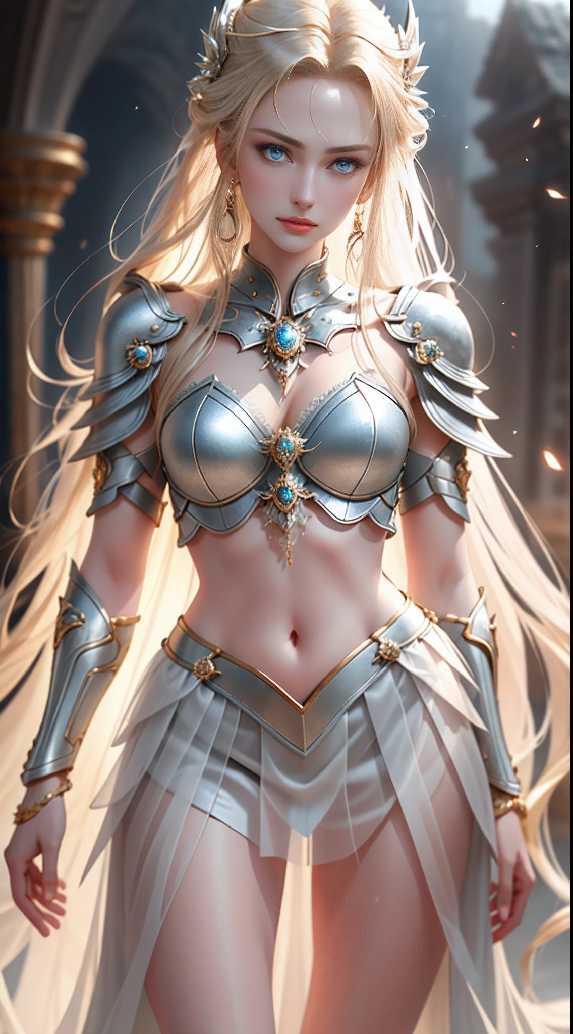 8K  UHD，RAW photo，A woman in silver armor，Skirt armor，Handsome girl，long whitr hair，blonde with blue eyes，The face is delicate，Delicate skin，Full breasts，Crystal clear lips，Slender legs，(Real Human:1.3)，(A high resolution:1.4)，(A detailed:1.5)，(photorealestic:1.7)，RAW photo，Portrait Photogram，Real Human，RAW photo，超A high resolution，Foto realism，best qualtiy，(highdetailskin，skin detailed)，Visible Pore，Shiny skin，tmasterpiece，，finedetail，Colorization，Extremely Delicately Beautiful，Extremely detailed 8k wallpaper，8K high quality，Digital SLR，Girl with beautiful details，(looking at viewert)，professional photograph lighting，Faraway view，Full body photo，in a panoramic view