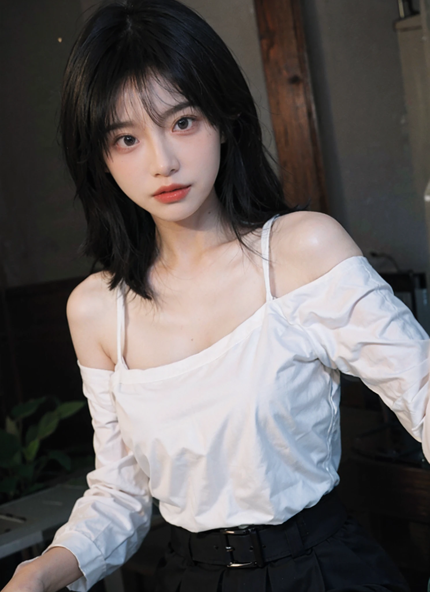 best qualtiy， 超高分辨率， （realisticlying：1.4）， 2 girls， 2 girls， 2 girls， A pair of clear and flexible eyes,Royal Sister，Off-shoulder white shirt， Black tight skirt，  （Faded gray-gray hair：1）， （big cleavage breasts：1.2）， looking at viewert， closeup cleavage ，