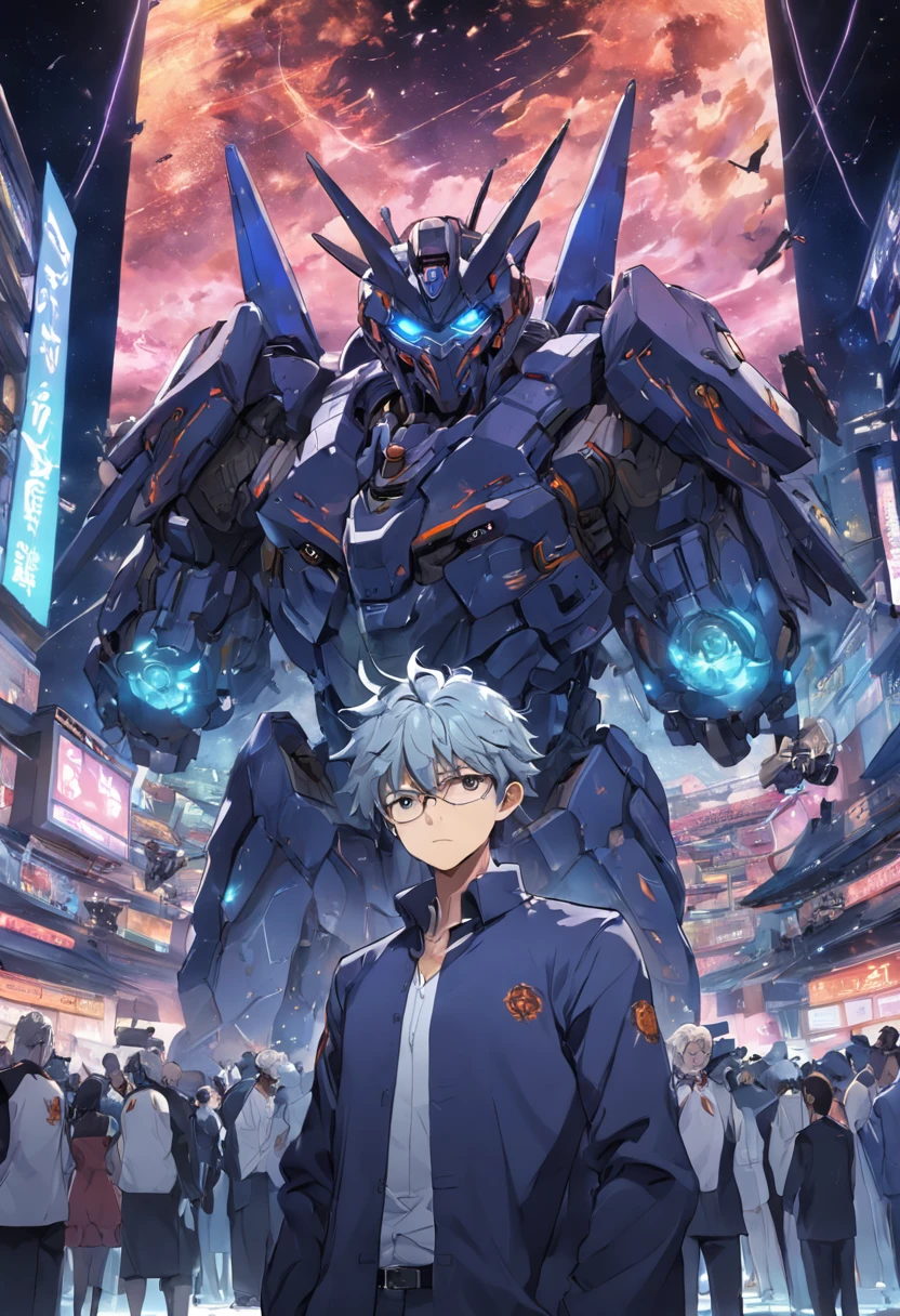 homem com um ar sarcastico, oculos do tonny starck, cavanhque and with a panel of traders operations behind dels, ele esta com a camisa cinza e uma mecha branca no cabelo escuro