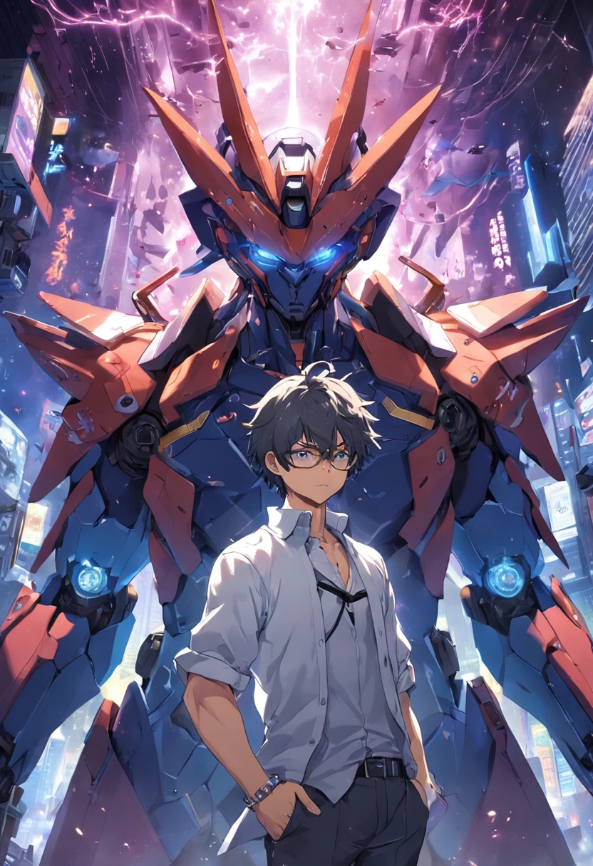homem com um ar sarcastico, oculos do tonny starck, cavanhque and with a panel of traders operations behind dels, ele esta com a camisa cinza e uma mecha branca no cabelo escuro