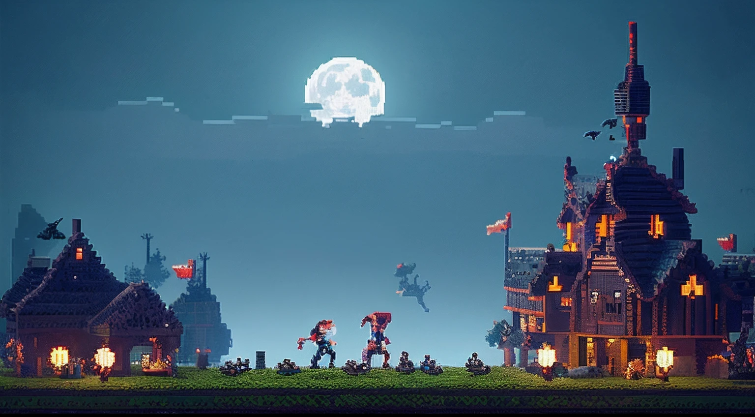 pixel game,scenography,fantastical scenes,A bloody moonlit night,Vampires,the bats,levitating, Pixel art #pixelart