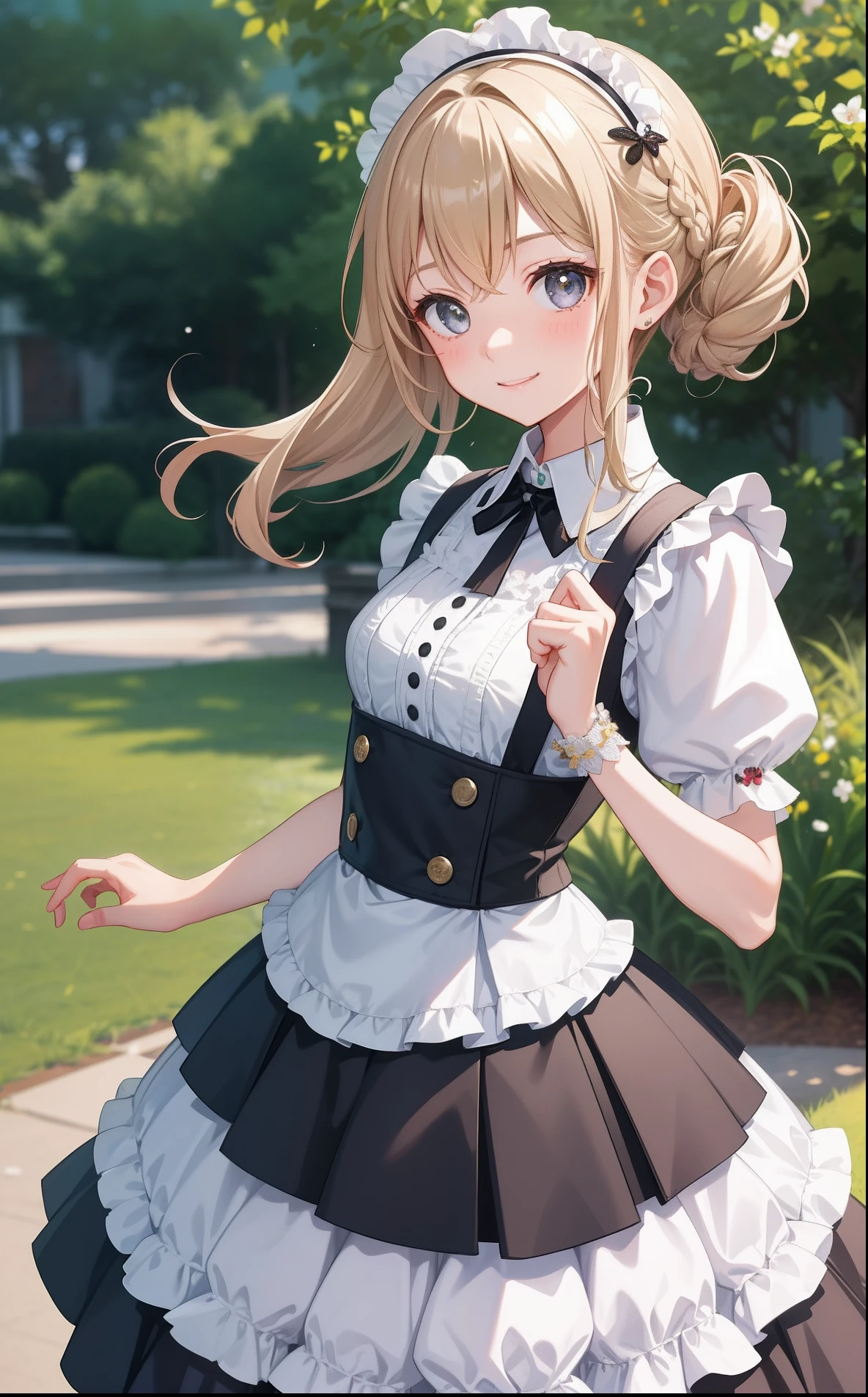 1girl in、AS-Adult、A smile、A delightful! The shirt、skirt by the、(small tits)pinafore、doress、hair adornments、(Maids)、Spring breeze、