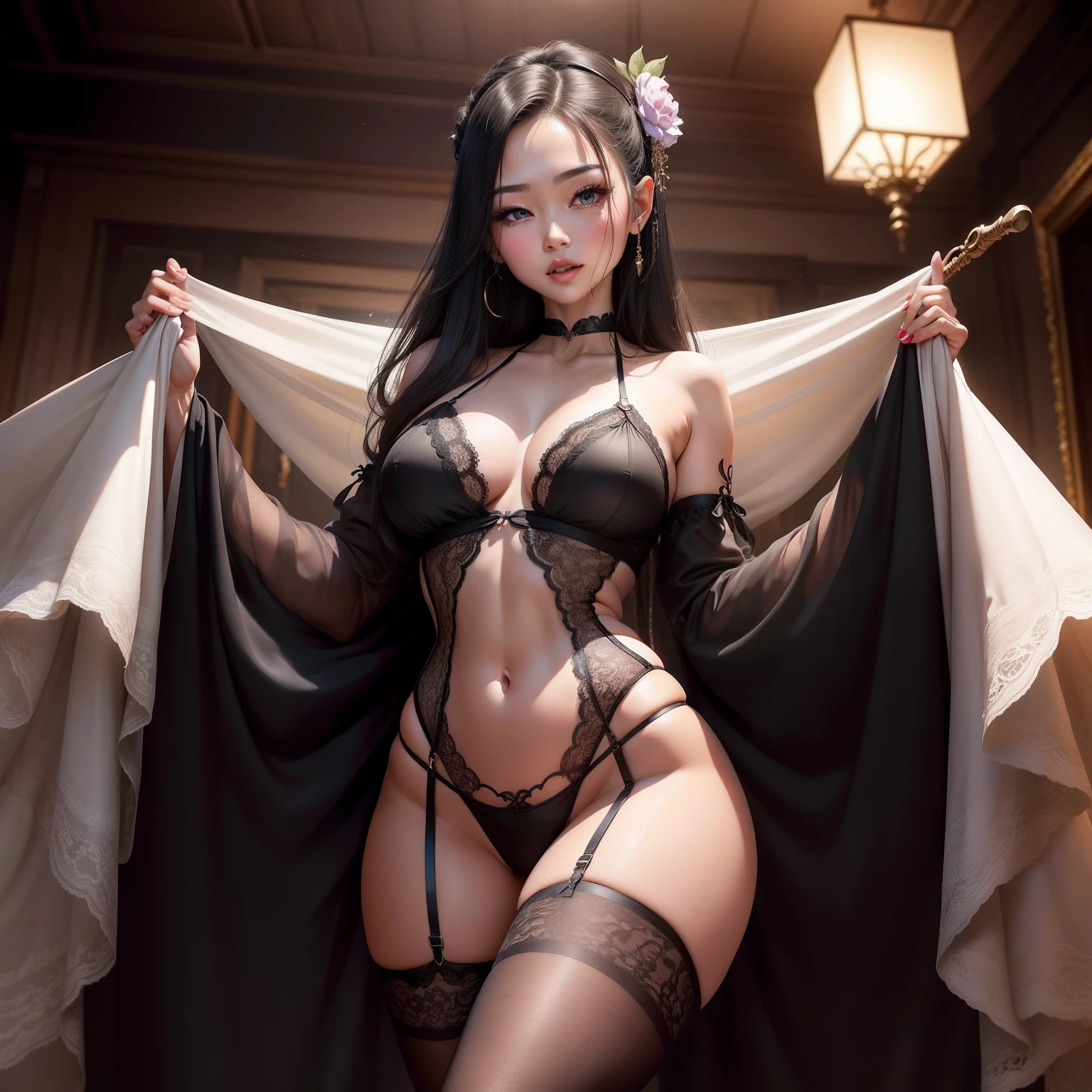 Female enchanting posture,The body is fair and slender,The body shape is bumpy,There are tempting jade feet,Charming collarbone,Intrigue。Wear sheer lace lingerie and black stockings,Breast prominence is pronounced,The are exposed,A seductive flavor of a mature wife,Inspiring imagination。She swayed between the in her crotch with one hand,The other hand is wrapped around the tongue with two fingers placed in the mouth,The saliva secreted is very sweet。It makes a refreshing sound that makes people feel inextricable。