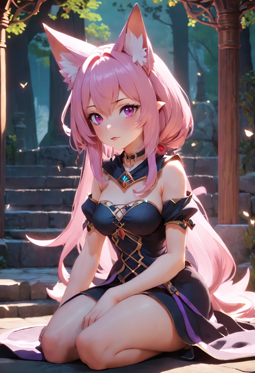 A pink-haired，Fox witch, 26 year old，ultra - detailed, 8K, Unreal Engine 5，The eyes show enchantment and longing，Sitting in the courtyard with a book in hand，耳Nipple Ring，head gear，Clothes are shoulder-baring