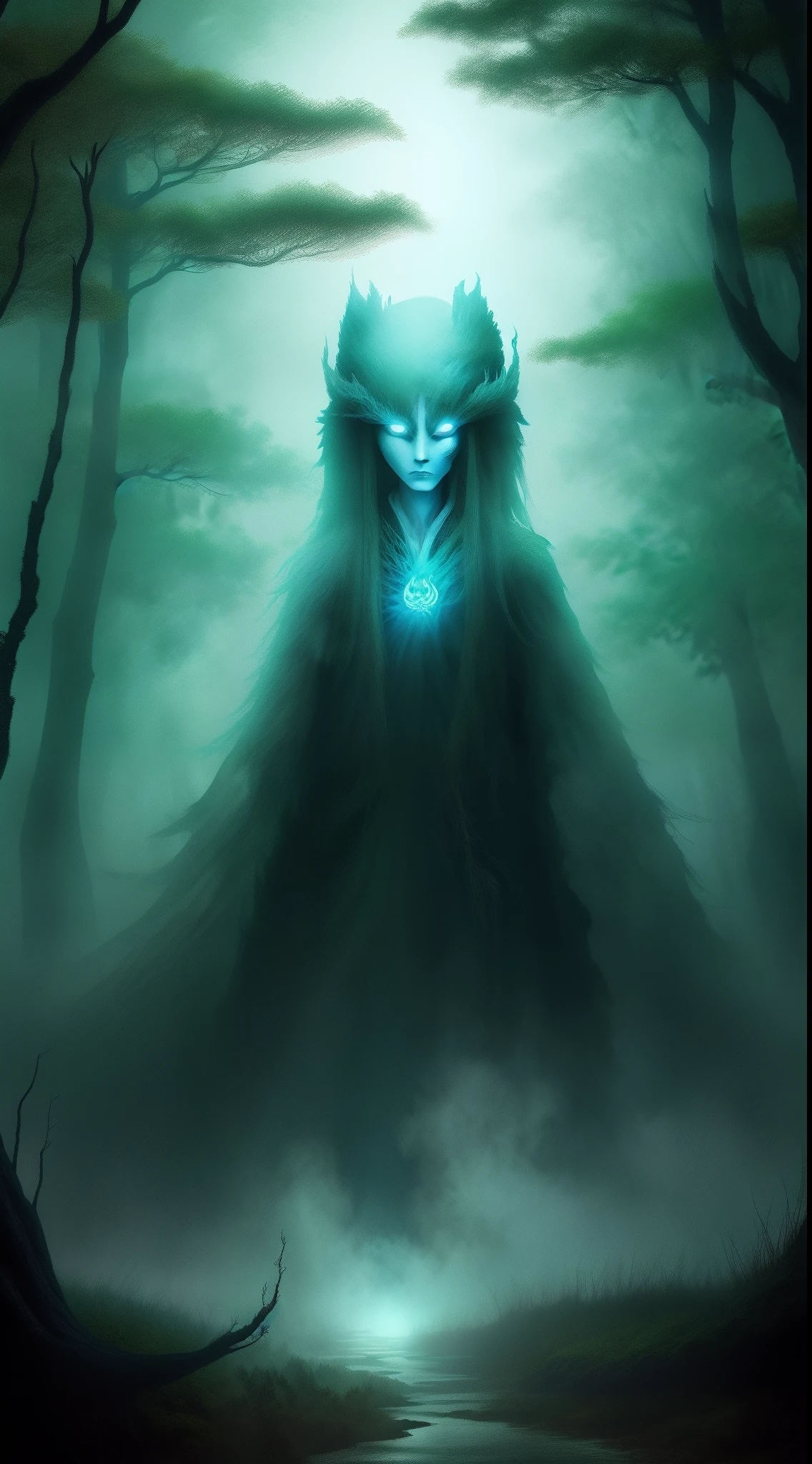 Dive into the mystic world of Edo Yokai with a mysterious forest scene shrouded in ethereal fog and ghostly apparitions.