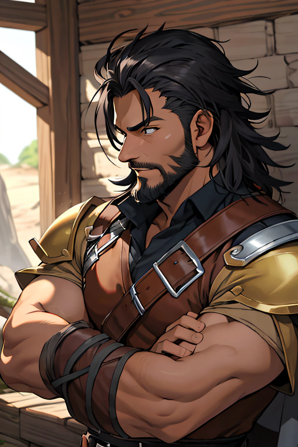 Desenhe um Cavaleiro, estilo Ragnarok Online, homem com pele negra, com barba curta, se preparando para a batalha, com cabelo estilo militar, Armadura medieval completa