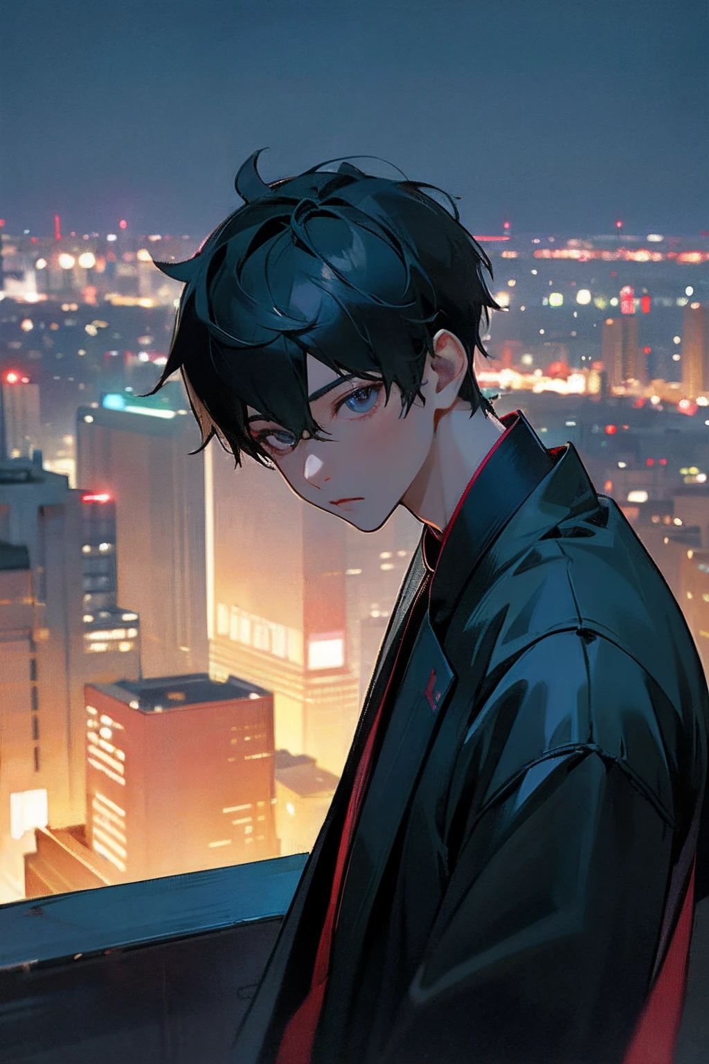 1boy, tokyojie, night, cityscape, city lights, upper body, close up, 8k, raw photos, best quality, masterpiece, realistic, photo realistic,