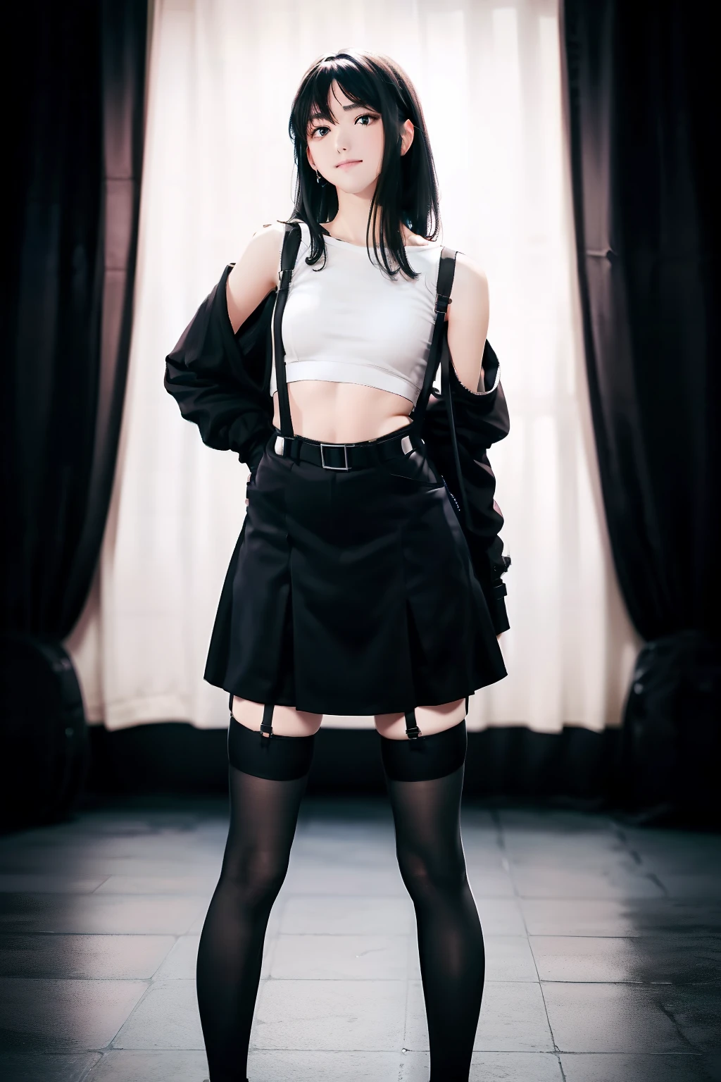 a black skirt, , Tank tops suspenders, Long Black Hair, Gray eyes, holster, Garter belt on the legs, , Moderate breasts and tight clothes, both sides Behind no-bra