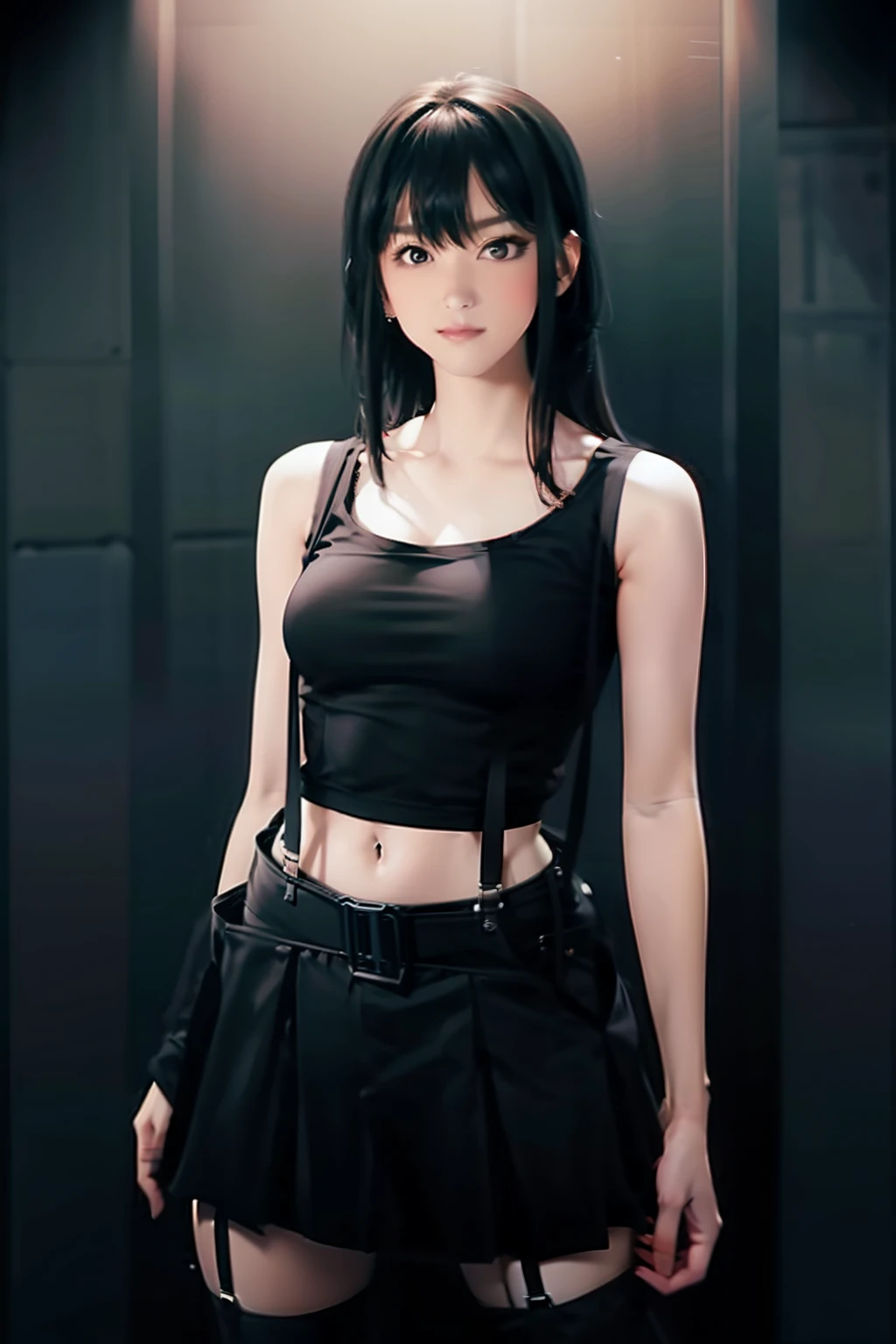 a black skirt, , Tank Tops　suspenders, Long Black Hair, Gray eyes, holster, Garter belt on the legs, , moderate chest and tight clothes, both sides　　Behind　no-bra 　a belt　teats