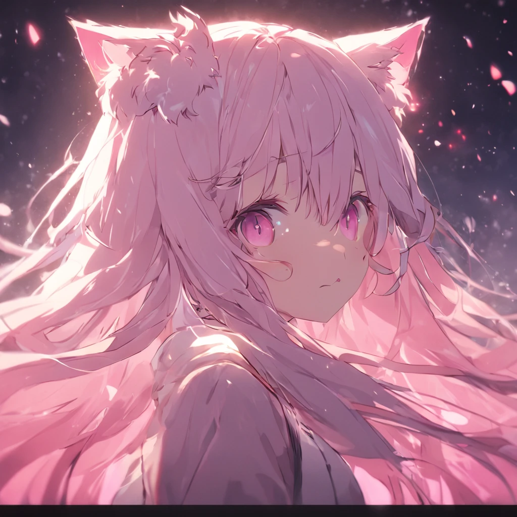 Cat ears, teens girl, Soft pink pupils, Long white hair。