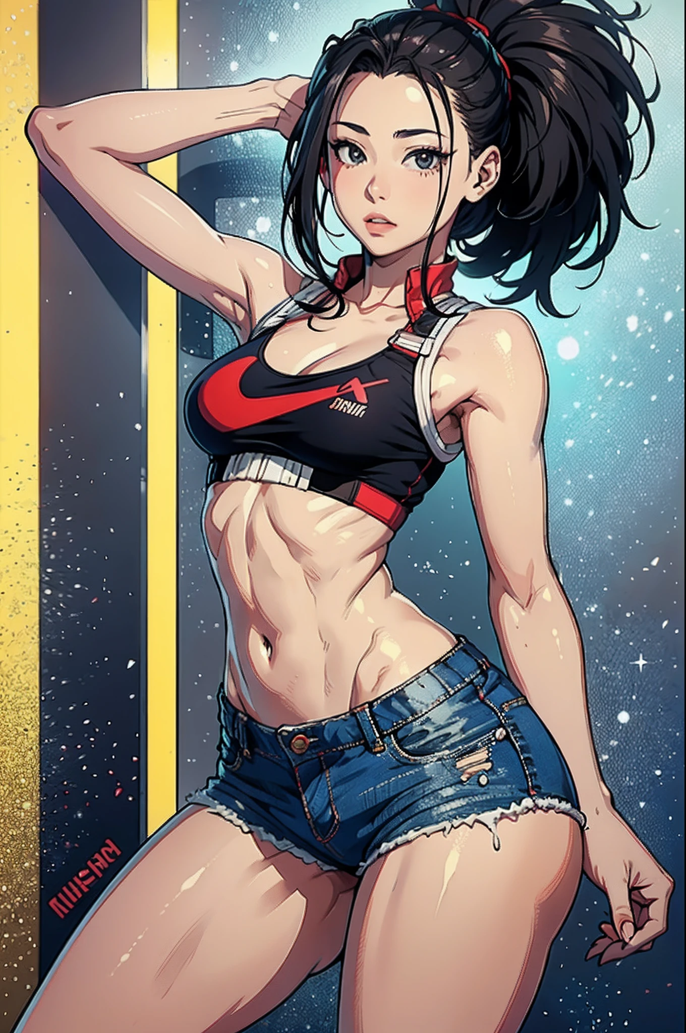 Momo Yaoyorozu, muito sensual, com roupas de funkeira, brasileira, rio de janeiro, dancing funk, rebolando, bunda grande, pernas grossas, usando um short jeans extremamente curto, usando uma mini blusa, umbigo com pirsing, sneakers Nike, cabelo comprido, Speaker behind, corpo inteiro, muito realista, extremamente sexy, 8k, 8k extremamente detalhado), (um extremamente delicado e bonito), (obra-prima), (melhor qualidade: 1.0), (ultra highres:1.0)