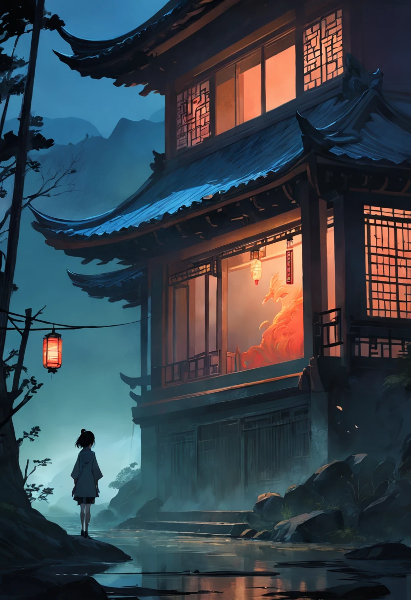 Inside the house，The closed windows were blown open by the wind，Eerie light，Dark night，high high quality，fog atmosphere，(Chinese folk suspense supernatural comic style),High detail, Sharp focus, Dramatic，The art of painting by Midjourney and Greg Rutkowski, Bokeh on the background