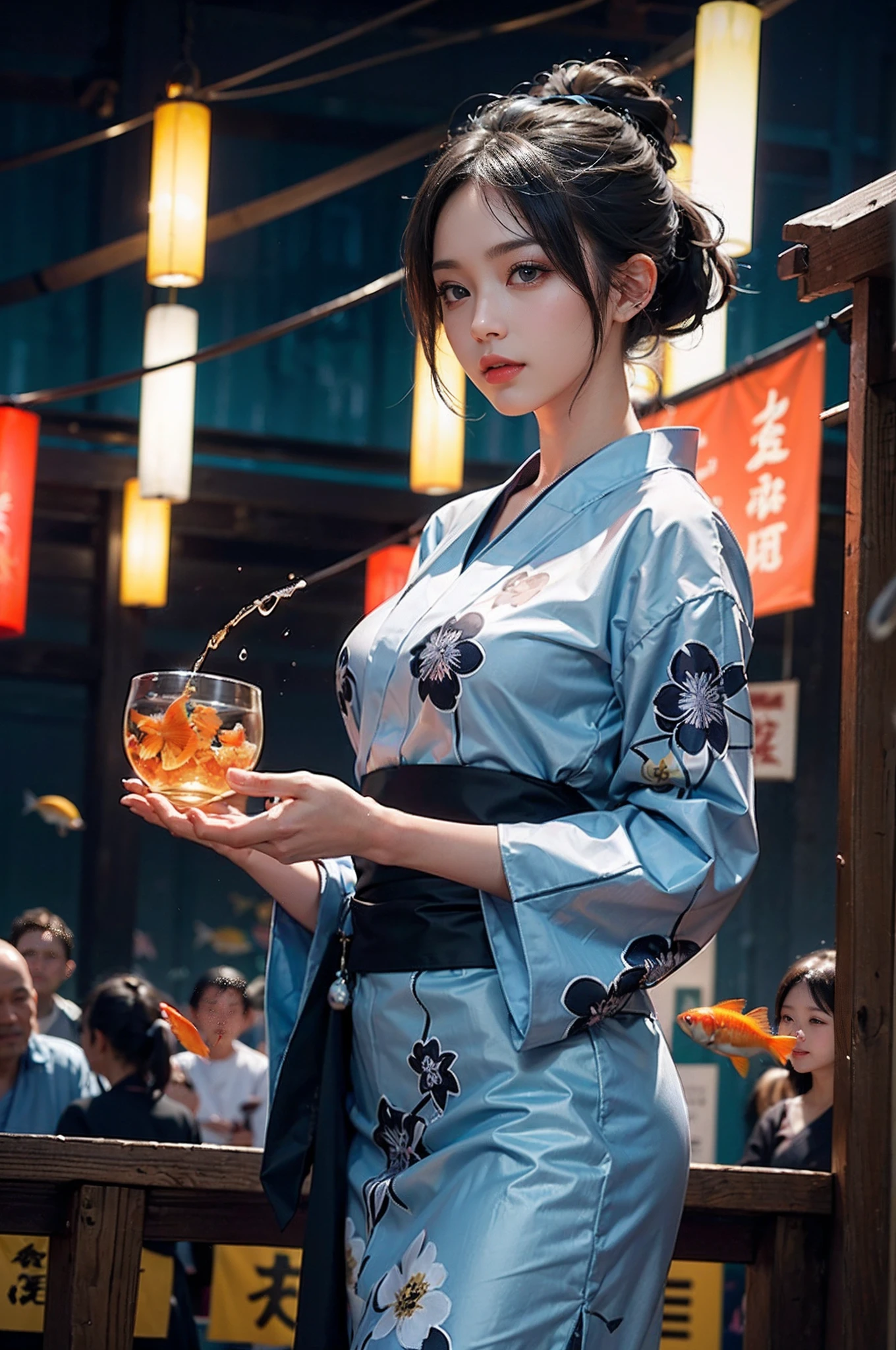 电影灯光,(((tmasterpiece))), ((best qualtiy)), ((intricate and detailed)), ((Ultra-realistic realism)), 4K,1beautiful woman, 5years old, poneyTail,Ultra-fine yukata,A slender,large full breasts,having a good time, Large fishbowl , Swirling flocks of goldfish, Floating goldfish, Graphic illustration, see fishes swimming,A lot of goldfish, amazing depth, Cutest, Lots of fish balls,Goldfish scooping at a summer festival, (The background is the summer festival of the shrine:1.4), Silver hair, split ponytail, star-shaped pupils, conceptual art, Art Nouveau, Glowing light, nffsw, Textured skin, masutepiece, Anatomically correct, Best Quality, 8K,(((Perfect Anatomy))),perfect hand,Perfect fingers,