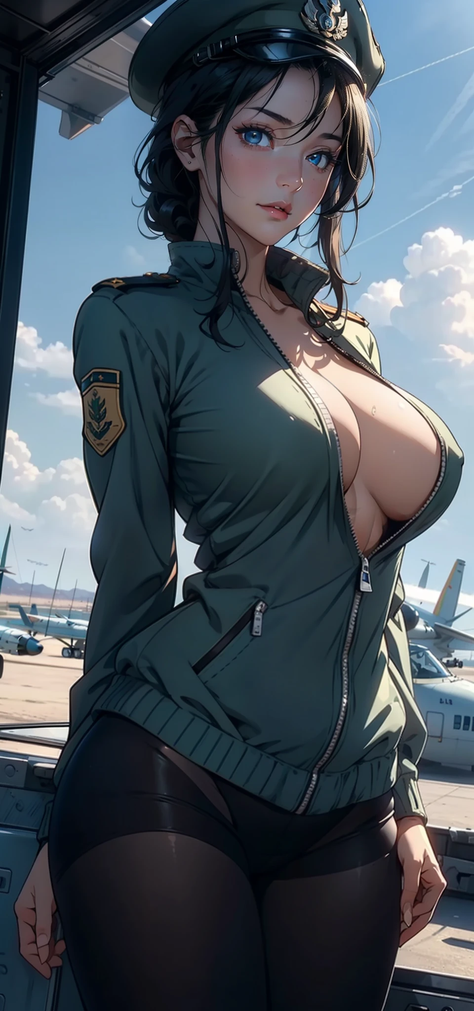 1female,35yo,plumw,extremely large bosom, 独奏,(Background with:A desert,aerodrome,Planes) She has very short black hair,bobo head,Stand on the plane,,seen from the front, hair straight, mostly cloudy sky,(((tmasterpiece),(Very detailed CG unity 8K wallpaper),best qualtiy,cinmatic lighting,detailed back ground,beatiful detailed eyes,Bright pupils,Blue eyes,(Very fine and beautiful),(Beautiful and detailed eye description),ultra - detailed,tmasterpiece,)),facing at camera,A high resolution,ultra - detailed),revealing breasts,Bare genitalia, Bulge,legs are open,Raised sexy,Camel toes,Flushed complexion,Desire for dissatisfaction,frontage,Italian Air Force,Aviator,Officer's cap(Wearing:Dark green baseball jacket,Black pantyhose,Bare breasts)