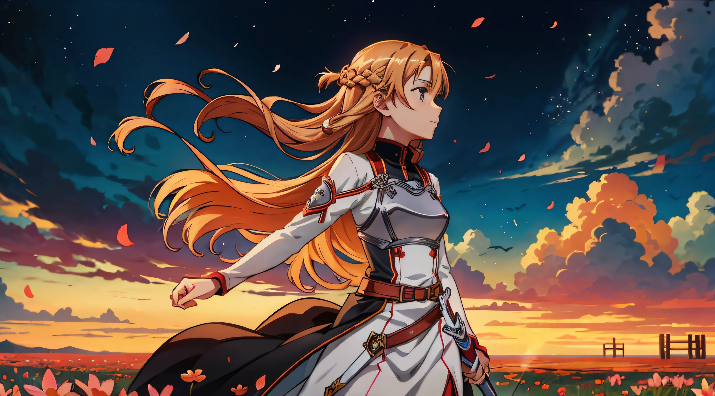 Asuna from Sword Art Online
She is standing in a field of flowers, her hair flowing in the wind.
She is wearing her battle armor, and her sword is drawn.
She is looking determined and focused, ready to face whatever challenges come her way.
The background is dark and stormy, but Asuna is illuminated by a bright light, symbolizing her inner strength and courage.
The image is full of detail, and the colors are vibrant.
The overall mood of the image is one of anticipation and excitement.