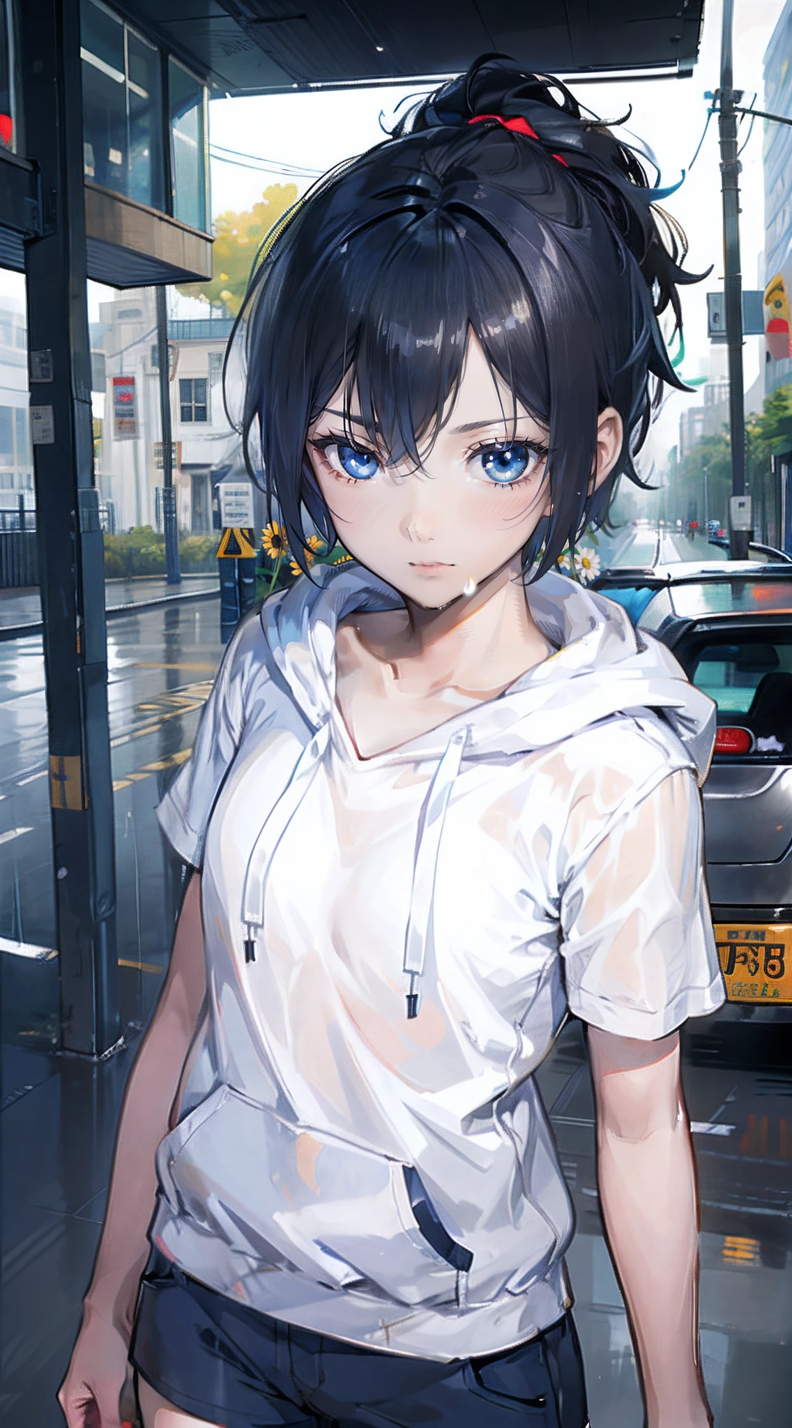 Black hair, tomboy short hair, white skin, short Trousers, realistic, bright blue eyes, White short sleeve hoodie, rainy, flat expression, asean face, holding white chamomile, portrait, natural lip, little ponytail, rainy weather