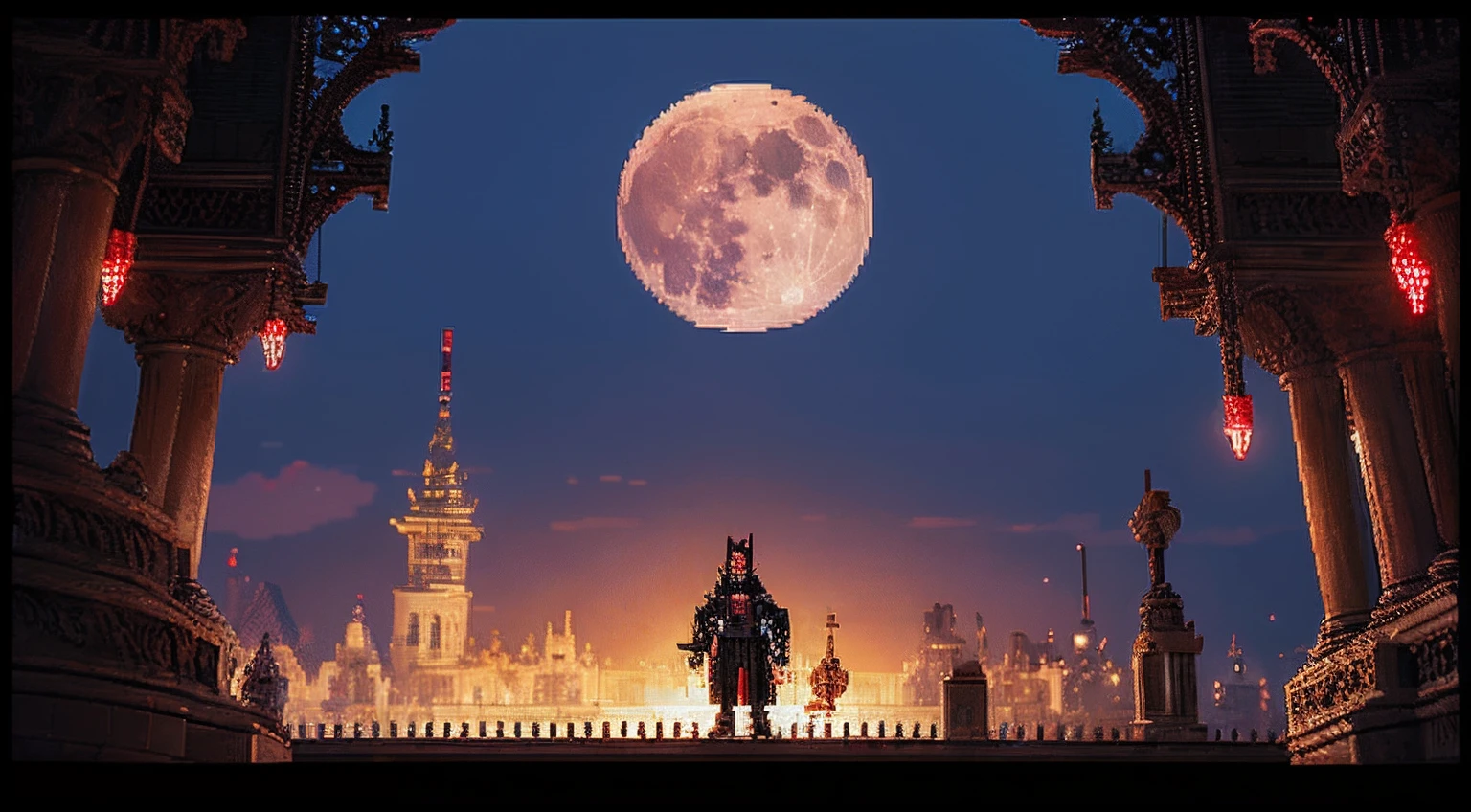 pixel game,scenography,fantastical scenes,Bloody moonlit night,Red Moon,Vampires,the bats,levitating, Pixel art #pixelart