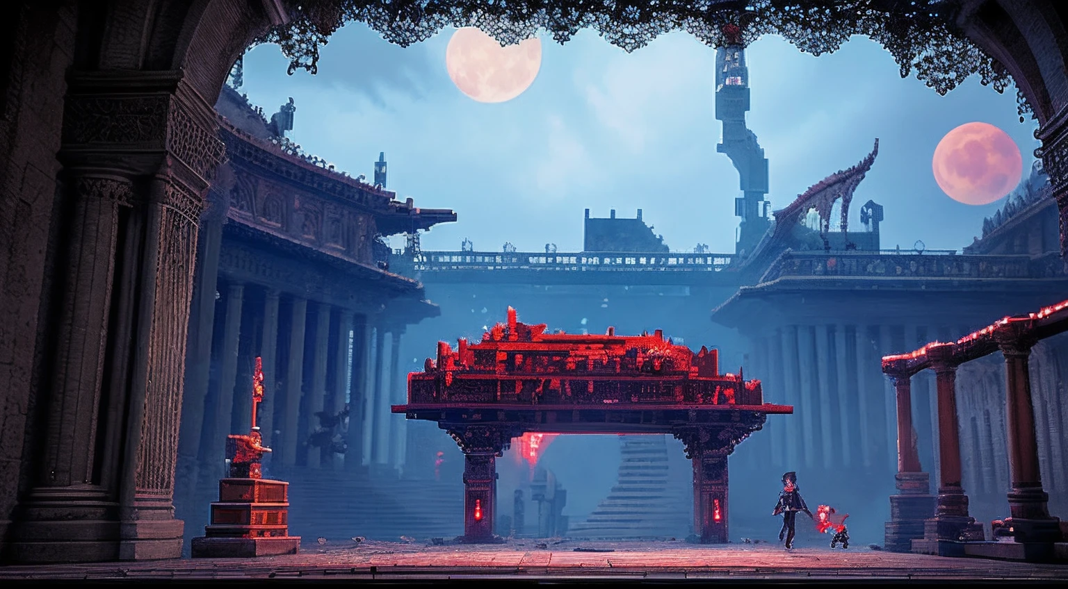 pixel game,scenography,fantastical scenes,Bloody moonlit night,Red Moon,Vampires,the bats,levitating, Pixel art #pixelart