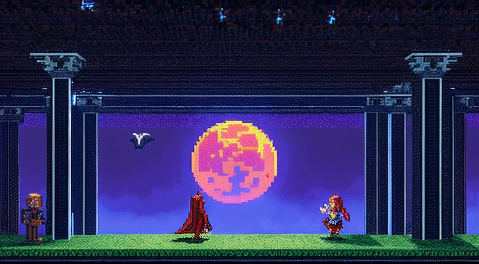 pixel game，scenography，fantastical scenes，Bloody moonlit night，Red Moon，Vampires，the bats，levitating， Pixel art #pixelart