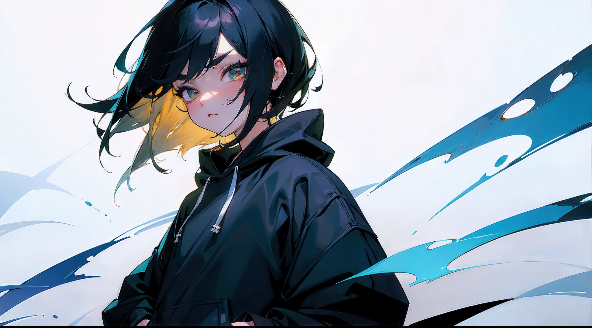 Original Characters、standingn、Volume Lighting、Best Shadows、Shallow depth of field、Portrait of an amazingly beautiful girl、Delicate beautiful attractive face with petite and seductive eyes、He has his hands in the pockets of his black hoodie、cyberpunked、Wearing a hood、Sharp Eyebrows、Black Hair Shortcut Hair、Blush Eyeshadow、Shining eyes、Dark eyelashes、Slim waist、(top-quality、Superb Detail:1.25)、(独奏:1.3)、Brilliant Colorful Paintings