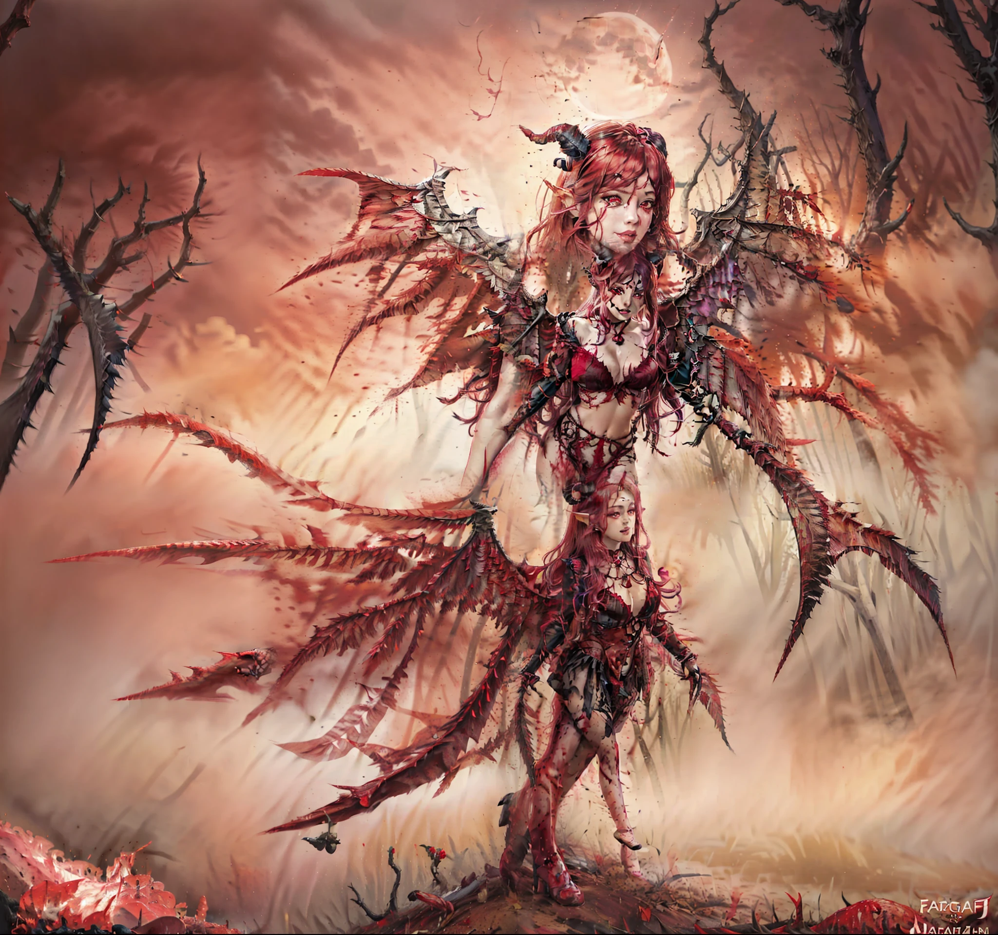 best quality, masterpiece, illustriation by Serge Birault, ultra highres, half body shot, sharp focus, (insanely detailed), highly detailed centered, upright, 
adult woman pureerosface_v1 looking past the camera, [:(highly detail face: 1.2):0.1], evil smile, pink skin, red eyes, bindi, slender body, tiny waist, thighs, cries blood, long legs, (huge stacked breast:1.1) (long long long flowing shiny silver hair:0.9), 5 digit fingers
(wearing demon_cosplay_outfit:0.4), ruby jewelries, big demon_wings, ripped pantyhose, big full red moon, bra with cleavage, walking in misty graveyard, ground covered in blood skulls dead-bodies, embers in the back, flying bats (at night:1.2) FairytaleAi