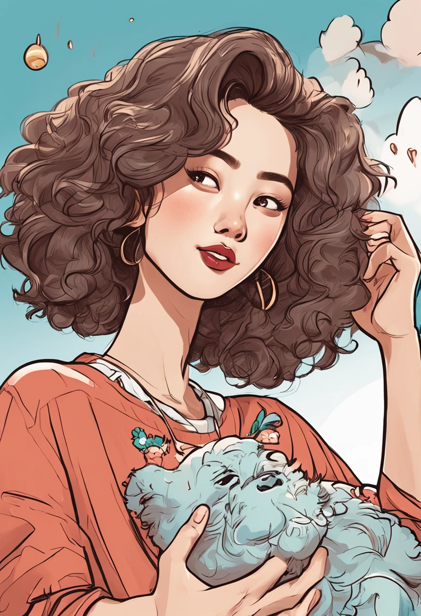 Cartoon image of a woman with permed hair, Super pretty 20 year old Korean girl, Cartoon style illustration, Cartoon Art Style, Cartoon Art Style, Digital illustration style, Highly detailed character design, cute detailed digital art, Urban Girl Fan Art, Portrait Character Design, beautiful digital illustration, high quality portrait, Comic art, Asia, Character Design Portrait, eating ice cream, white background