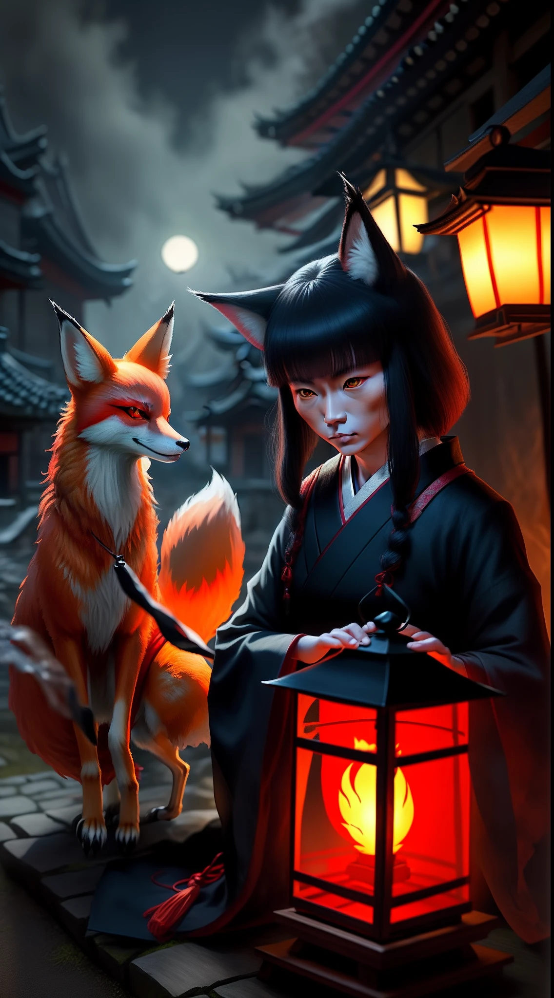 Experience the thrill of Japanese folklore with a menacing Kitsune fox spirit casting a spell in a lantern-lit village.