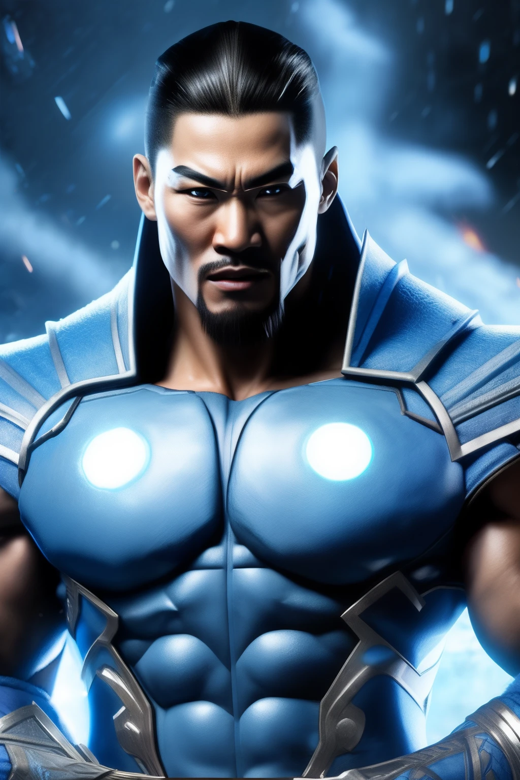 Cyber Sub-Zero、Men similar to Chow Yun-fat、The game is a Mortal Kombat character, Cyber Sub-Zero, Mortal Kombat, In battle Under construction, Preparing for a strike, ice background, Frozen tree on background, muscular body, (Athletic:1.07), For use, ninjartist, in full height, hight resolution, ighly detailed, hight resolution, 8K, Raw photo, Best Quality, masutepiece