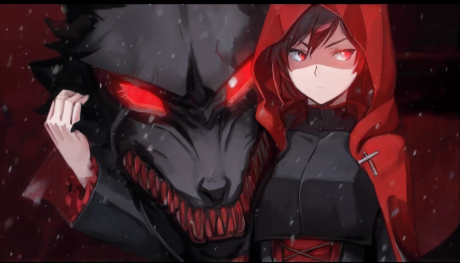 Close-up of a man wearing a red hood and a black and red coat, redhood, Epic anime style, thief red riding hood, Badass anime 8 K, nightcore, with red glowing eyes, littleredridinghood, anime wallaper, style of anime4 K, anime style like fate/stay night, gapmoe yandere grimdark, epic anime