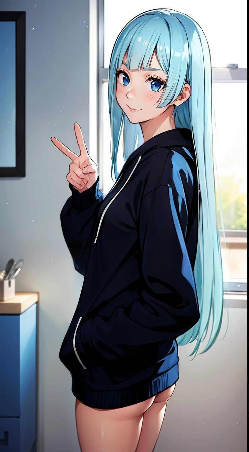 masterpiece, best quality, 1girl, fun, funny, perfect face, expressive eyes, cute, smiling, peace sign, ((two fingers)), happy, mischevious, blue eyes, modern, beautiful cothes,black hoodie, BREAK miwakasumi, light_blue_hair, blunt bangs, long hair, cozy, peaceful, standing, bedroom,window, summer, no pants, tug, hoodie tug, solo, alone, wallpaper, gorgeous, cute girl, simplistic, minimalistic, sensual